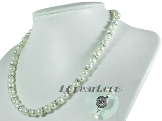 7-8mm white freshwater potato pearl necklace with zircons