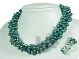 three rows peacock green top-drilled pearl twisted necklace