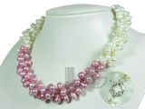 three twisted strands white and peach freshwater pearl necklace