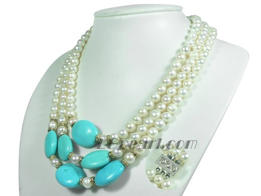three rows blue turquoise and white potato freshwater pearl necklace