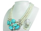 three rows blue turquoise and white potato freshwater pearl necklace
