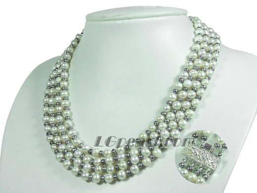 four rows white and black potato freshwater pearl necklace