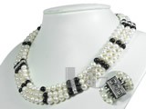 three-strand black agates and white freshwater pearl necklace