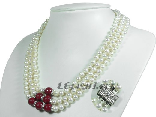 nice three rows 6-7mm white freshwater jewelry pearl necklace