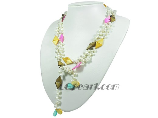 multicolor shell and white top drilled pearls rope necklace