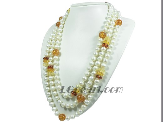natural ambers and white potato pearl rope necklace