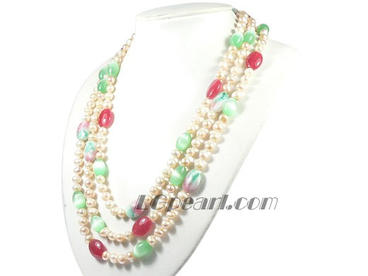 pink 7-8mm potato shape freshwater pearl necklace with jades