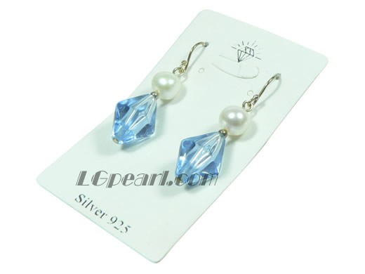 faceted blue crystal and white potato freshwater pearl earrings