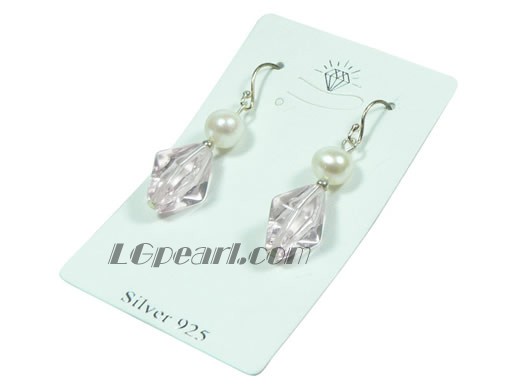 faceted pink crystal and 7-8mm white freshwater pearl earrings