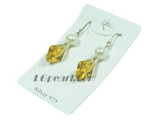 faceted yellow crystal and 7-8mm white freshwater pearl earrings