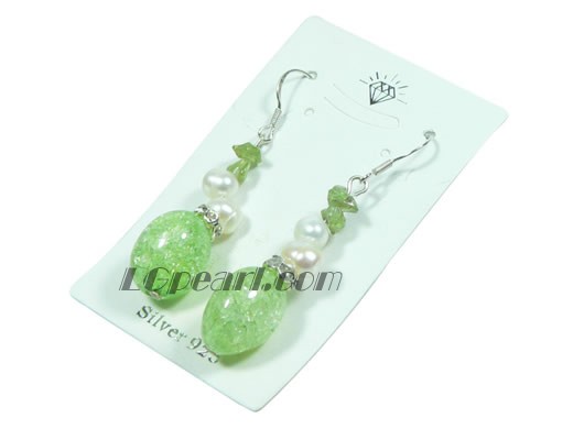 irregular green crystal and white freshwater pearl dangling earrings