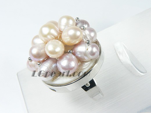 natural white, purple and pink freshwater pearl ring