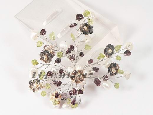 flower branch shape white pearl brooch with shells
