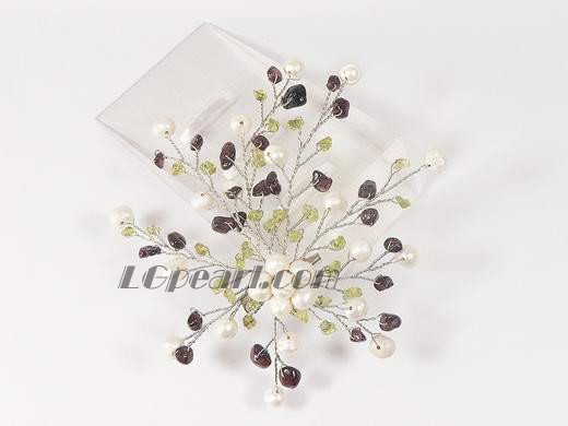 flower branch shape white pearl brooch with garnets