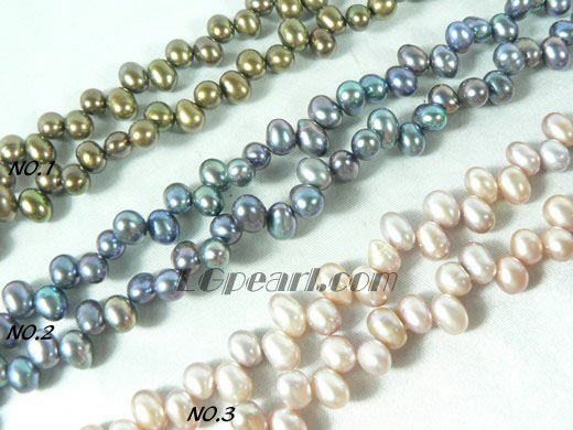 pink, copper and peacock blue dancing pearl strand of 5-6mm