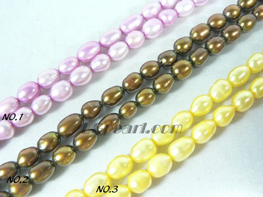 yellow, coffee and purple freshwater rice pearl strand of 6-7mm
