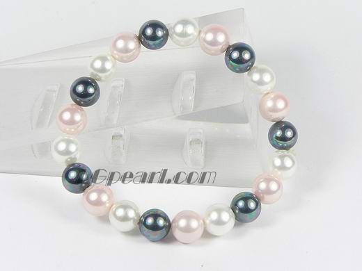 8mm white, pink and black shell pearl stretchy bracelet