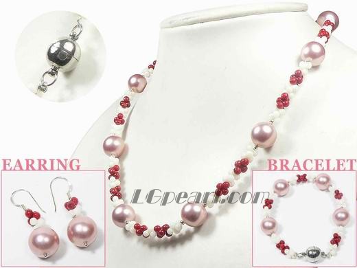 12mm purple round shell pearl set with 3*6mm coral beads