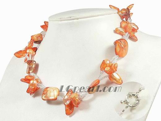 17 inches shell necklace with 8-9mm orange blister pearls, orange shell nuggests and white small beads