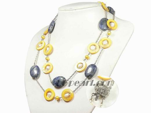 20mm yellow circle shell jewelry necklace with 8-9mm white nugget freshwater pearls