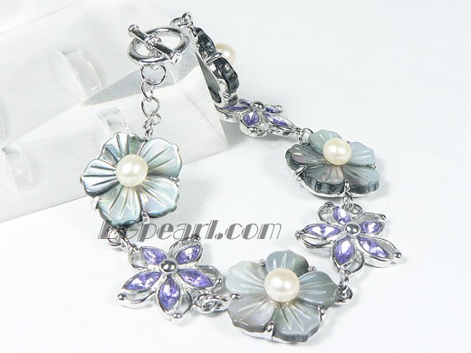 black flower shape shell bracelet with purple zircons