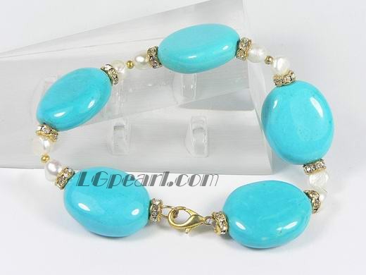 oval shape blue turquoise bracelet with nugget pearl