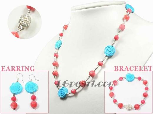 12mm blue cameo flower shape turquoise set with pink coral beads