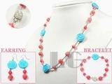 12mm blue cameo flower shape turquoise set with pink coral beads
