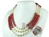 three strands 7-8mm white potato and red coral necklace