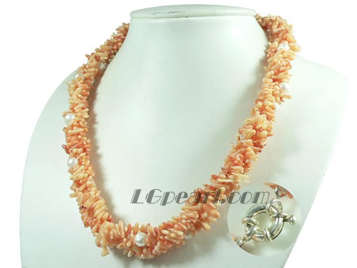 three strands bamboo shape pink coral jewelry necklace