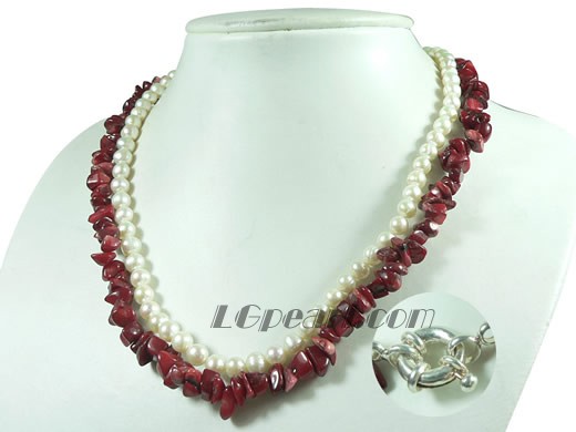 white potato pearl and red coral necklace