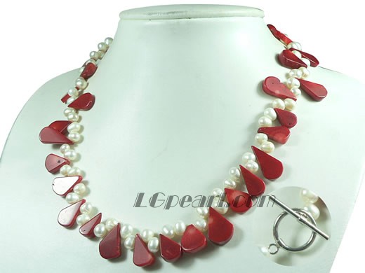 white pearl and 9*20mm red coral necklace