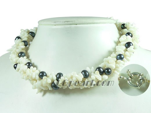 three rows black pearl and white coral necklace