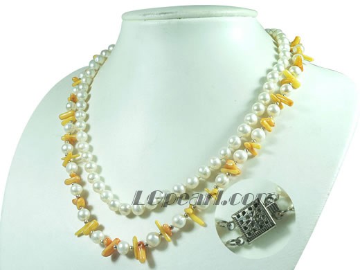 double strands potato pearl and yellow coral necklace