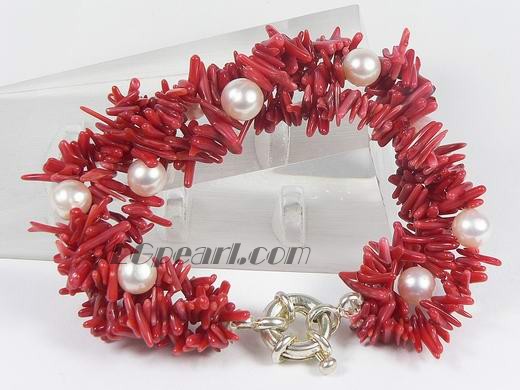 7-8mm red branch coral bracelet with cultured pearl