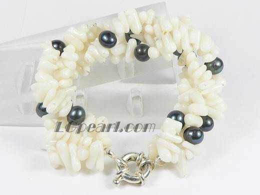 5-6mm white coral bracelet with black freshwater pearl