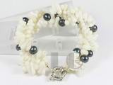5-6mm white coral bracelet with black freshwater pearl