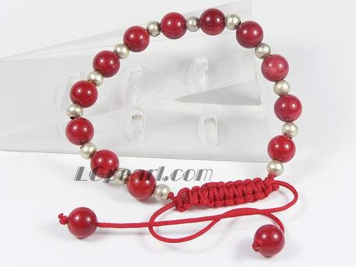 8mm round red coral knitted bracelet with silver bead