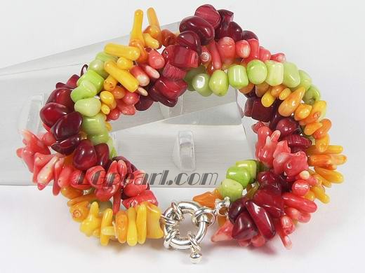 5-6mm green, red, pink and yellow branch coral bracelet