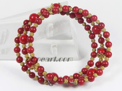 5mm and 8mm red coral stretchy bracelet with golden ball
