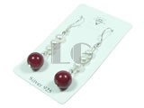 dangling white potato pearl and red coral earrings
