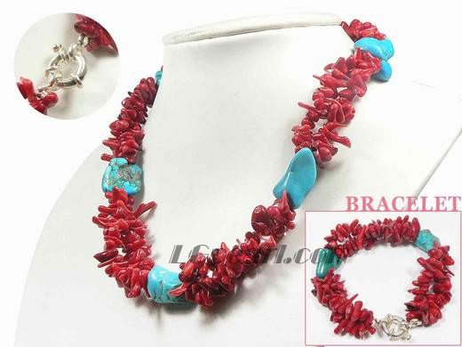 red coral set with blue irregular turquoise beads