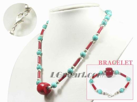 4*12mm red cylindrical coral set with 8mm blue turquoise beads