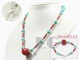 4*12mm red cylindrical coral set with 8mm blue turquoise beads