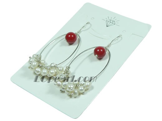 4-5mm white potato pearl and red coral dangling earrings