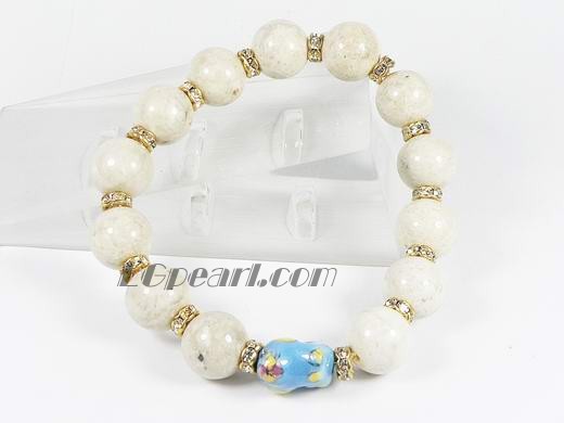 12mm white gemstone bracelet with blue ceramic dog