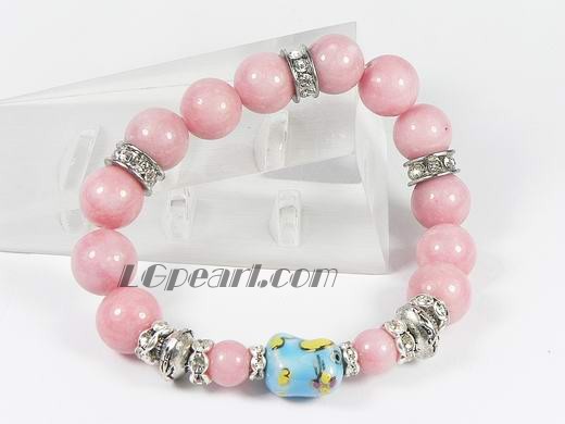 12mm and 8mm pink jade bracelet with ceramic dog
