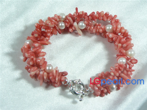wholesale 7-8mm red coral jewelry bracelet with freshwater pearl