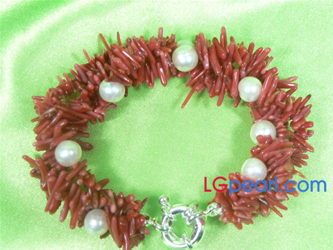 twisted 7-8mm freshwater pearl bracelet with coral beads wholesa