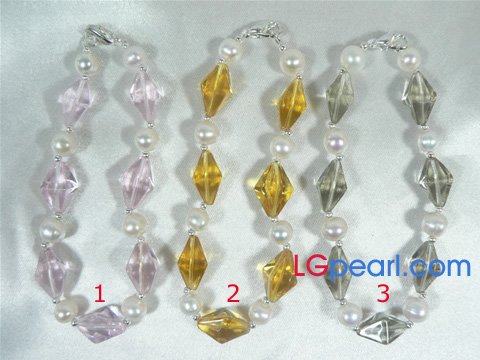 6-7mm white round freshwater pearl bracelet with rhombus crystal